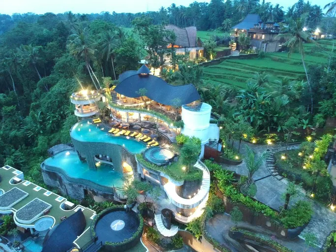 Luxury Bali hotels, resorts, or villas featuring private balconies overlooking expansive green rice fields
