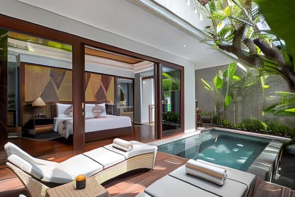 Private pool accommodations in various stunning Bali locations: Seminyak's vibrant beaches, Ubud's serene rice paddies, Bali's scenic mountains, and exquisite beachfront resorts.