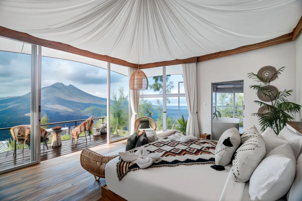 A panoramic shot displays a group of individuals enjoying a guided trekking tour around the Batur caldera. The view encompasses the vast volcanic landscape, showcasing a typical scene from a Batur trekking tour.