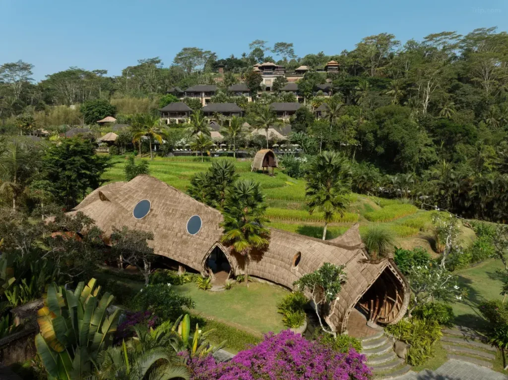 Mandapa a Ritz-Carlton Reserve Ubud villa with private balcony overlooking lush river valley and distant rice fields in Bali.