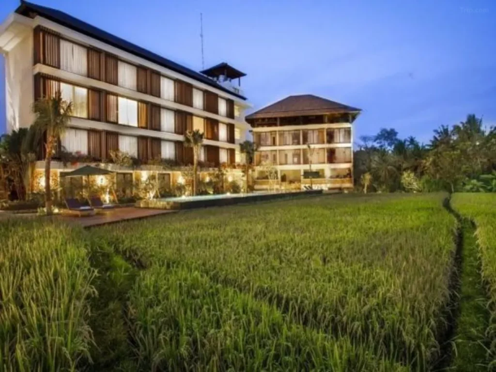 The parking at Plataran Ubud Hotel & Spa, suggesting a tranquil setting with complimentary parking for those staying at the hotel.