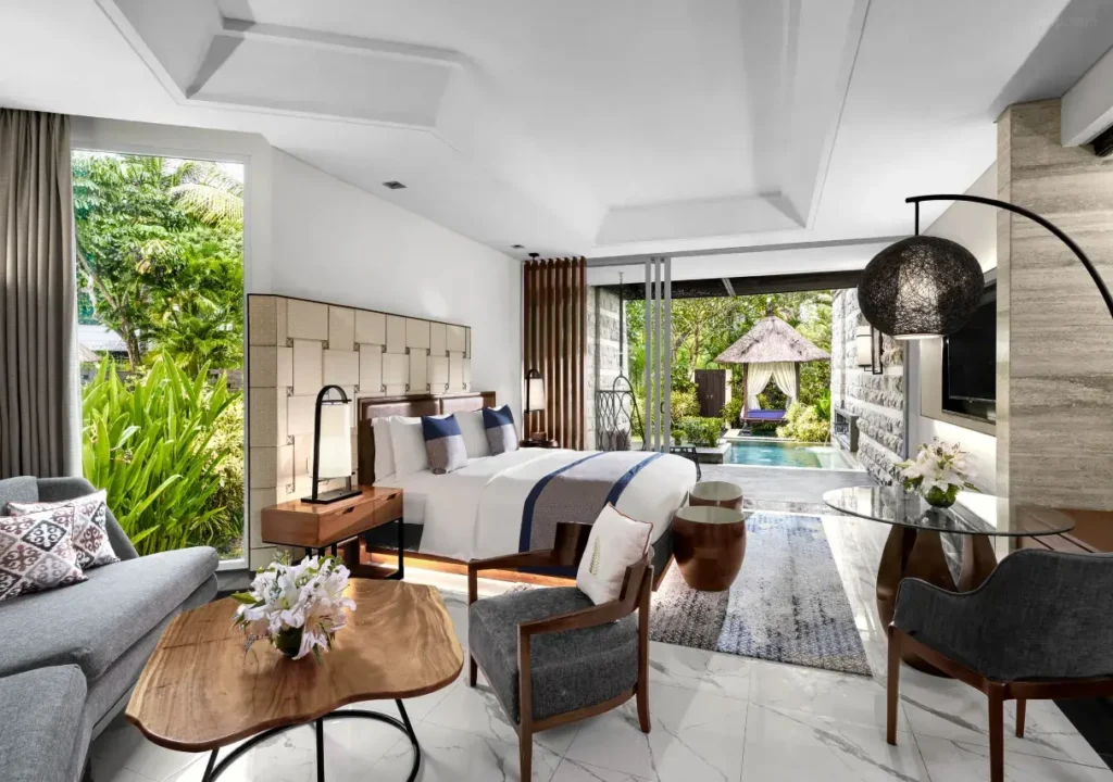 Sofitel Bali Nusa Dua Beach Resort showcases its expansive lagoon pool and lush resort grounds. This upscale hotel frequently offers late check-out facilities.