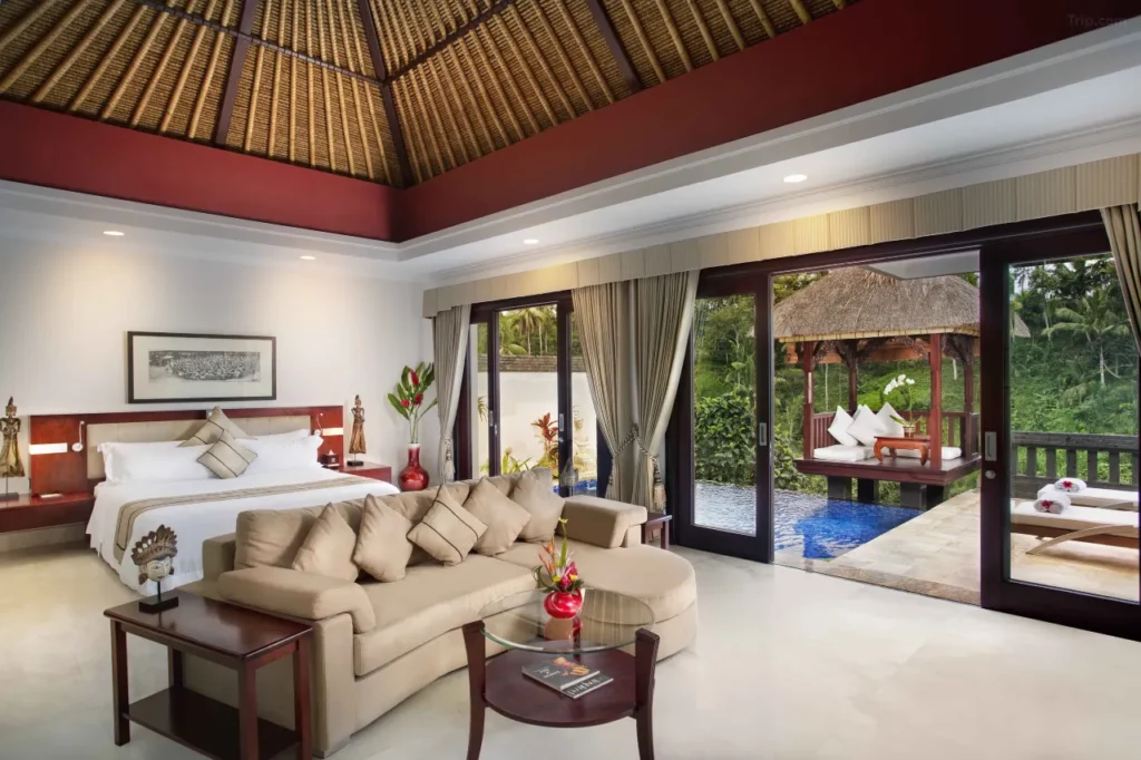 Viceroy Bali luxury villa with expansive private balcony and breathtaking panoramic views of Petanu River valley and rice terraces.