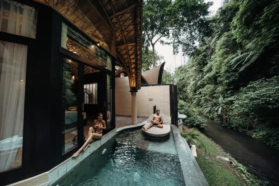 Luxury one-bedroom Bali honeymoon villa with private pool and riverside view