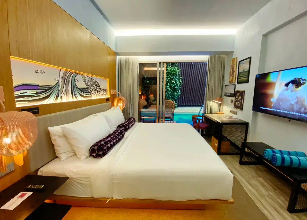 A modern, colorful lobby at the Aloft Bali Seminyak hotel.