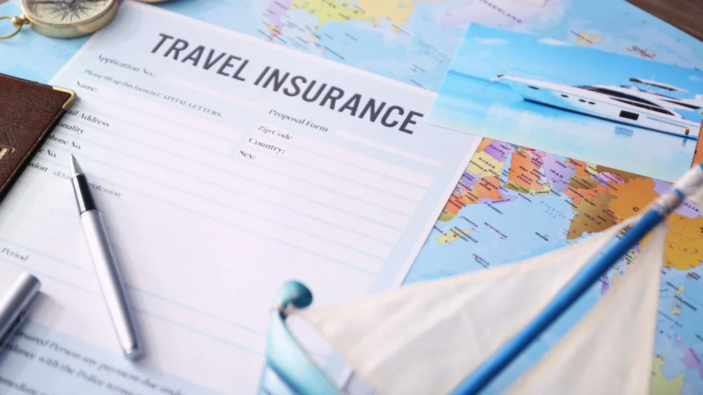 A passport and a travel insurance document with a beautiful Bali landscape in the background, symbolizing a protected and worry-free holiday.