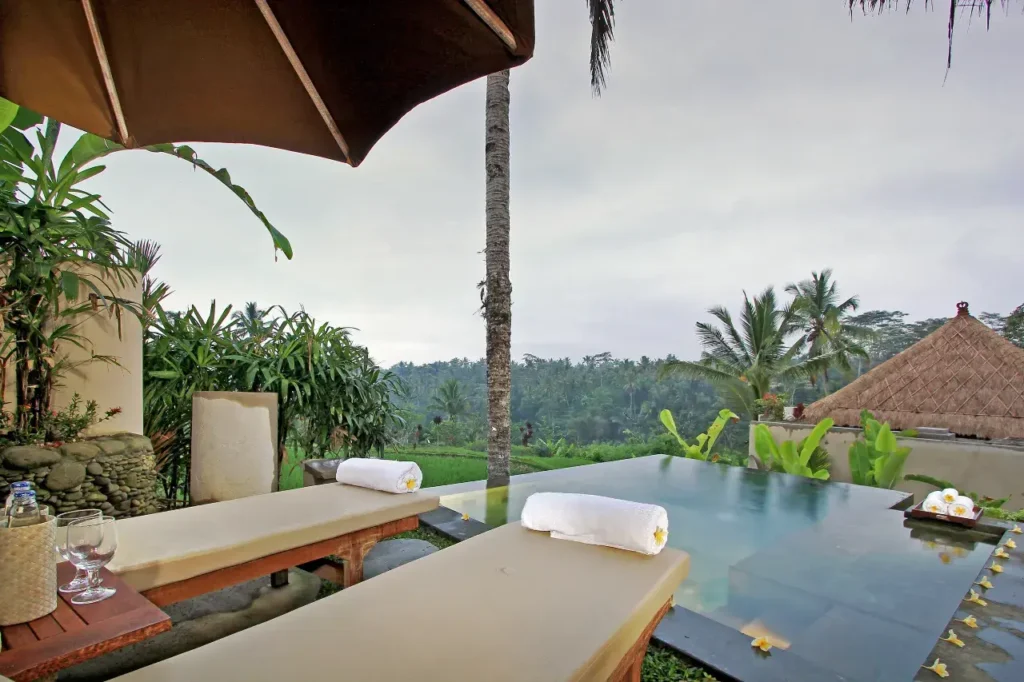 Boutique resort in Bali with luxury amenities and serene tropical surroundings, rice field views, andprivate pool.