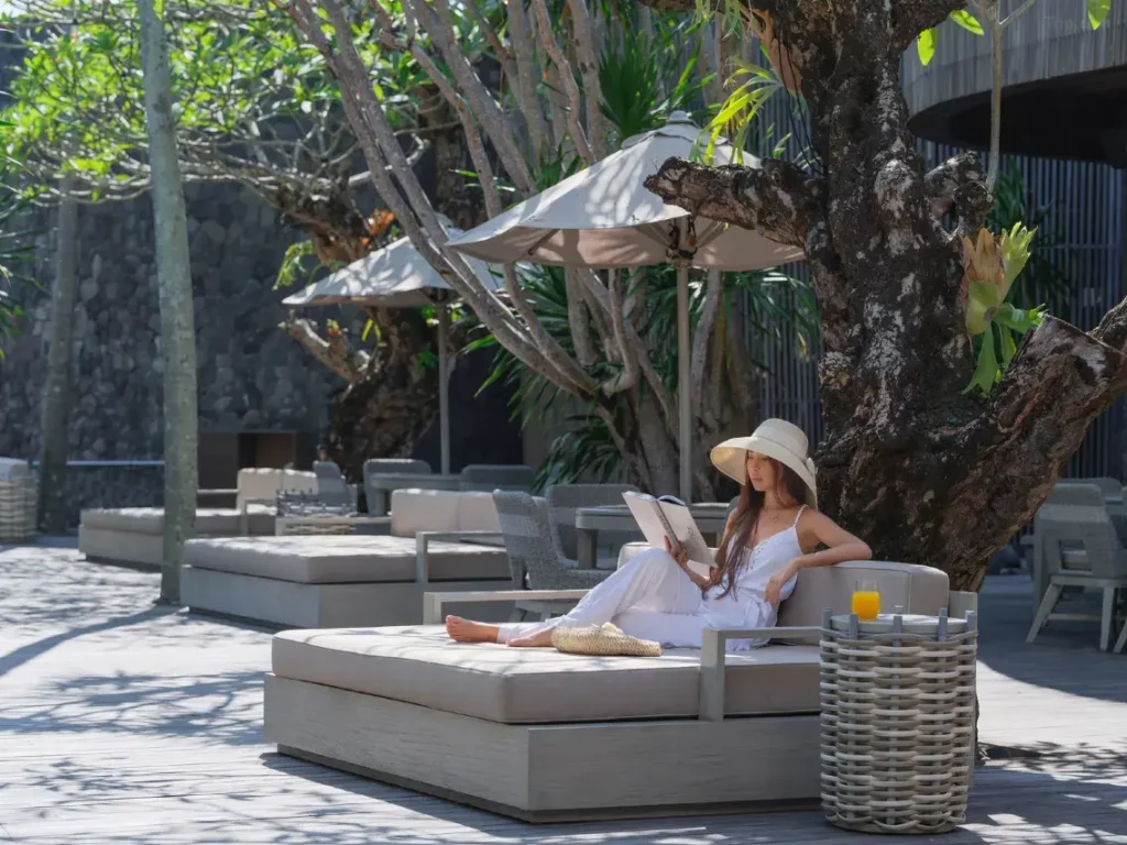 A view of a beautiful hotel in Seminyak, Bali, known for its high ratings.