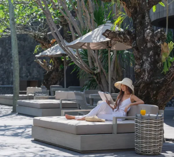 A view of a beautiful hotel in Seminyak, Bali, known for its high ratings.