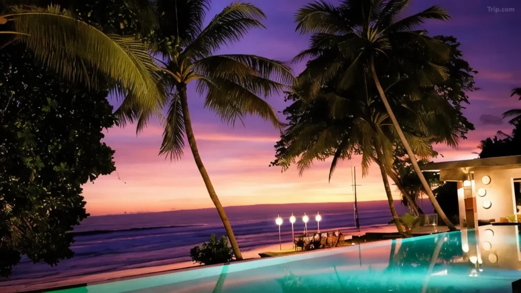 Scenic view of a tropical beachfront resort in Bali, showcasing the beauty of top-rated oceanfront hotels on the island.