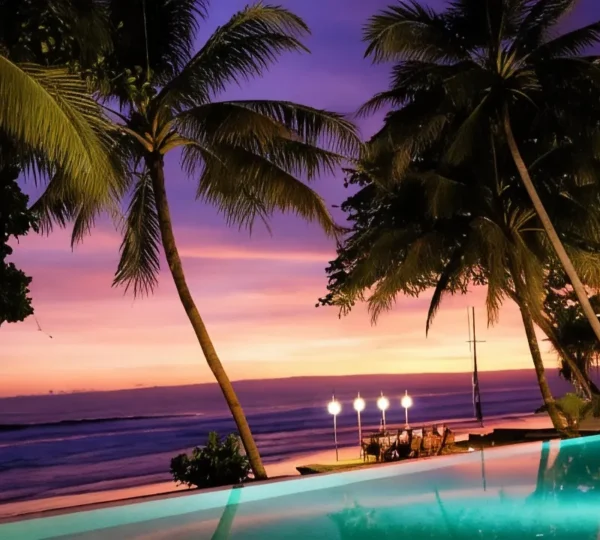 Scenic view of a tropical beachfront resort in Bali, showcasing the beauty of top-rated oceanfront hotels on the island.