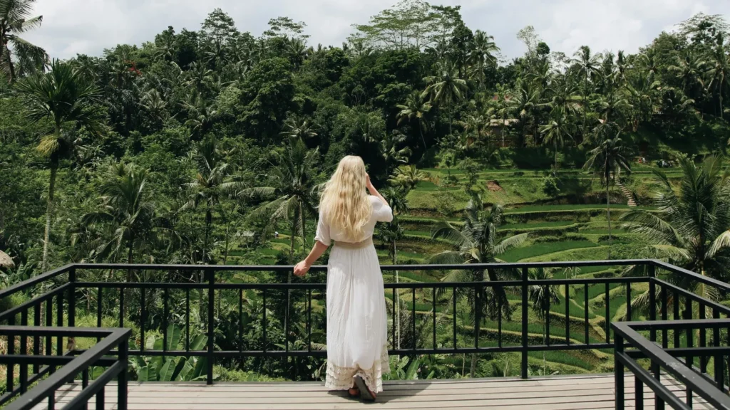 Traveler enjoying a weekend in Ubud, exploring rice terraces, temples, and local markets in Bali.