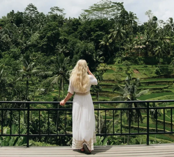 Traveler enjoying a weekend in Ubud, exploring rice terraces, temples, and local markets in Bali.