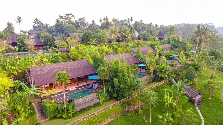 Ubud Valley Boutique Resort in Bali, offering a tranquil private pool overlooking lush rice terraces.