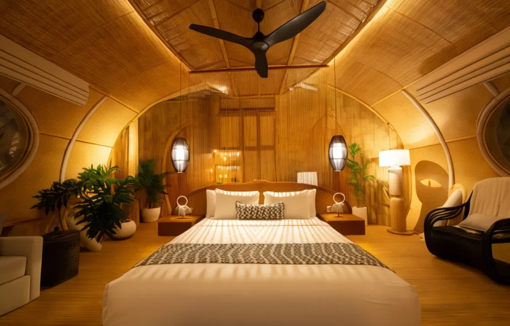 A modern and classy luxury villa with a natural interior design made of bamboo.