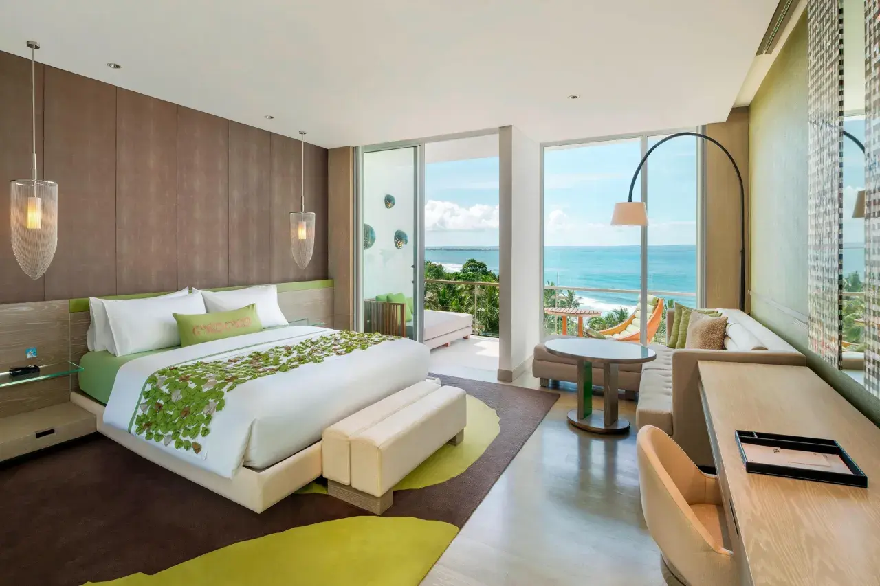 A modern and stylish swimming pool at the W Seminyak hotel in Bali.