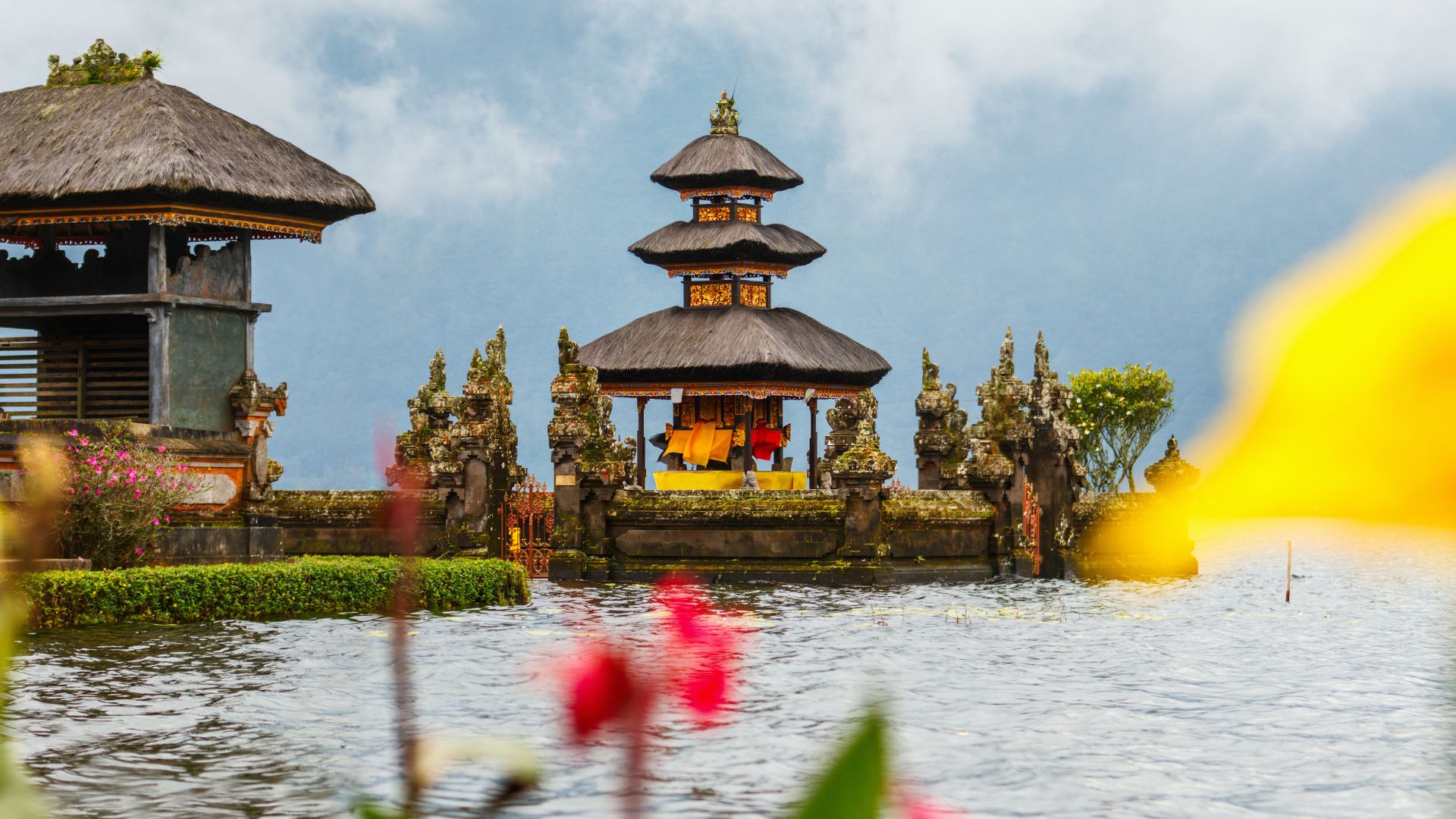 A tourist spot in Bali during the rain. The wet atmosphere creates a calm and fresh mood.